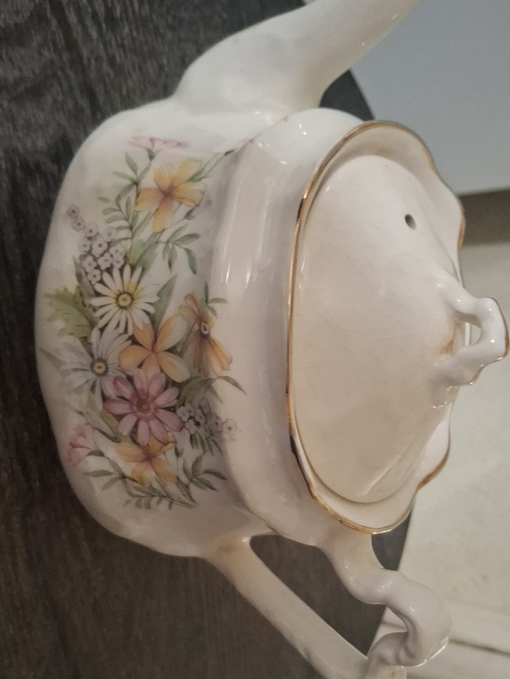 White Ceramic Floral Teapot with Gold Trim